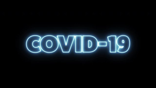 COVID-19 text word written in blue neon letters on a black background. Animated Graphic motion design illustration advertising 4K UHD. Health, security, Pandemic, world lockdown.