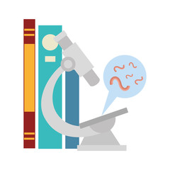 microscope laboratory with microorganisms and books vector illustration design