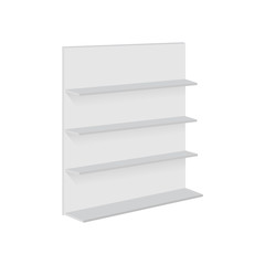 Blank empty showcase display with retail shelves. Vector mock up