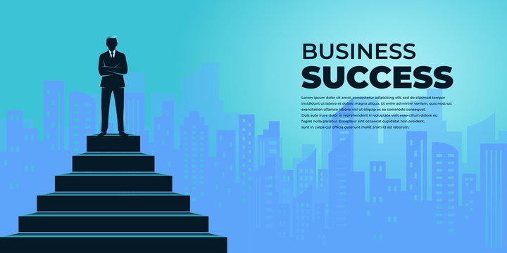 Business Concept Vector Illustration. Successful Businessman Up Stairs At The Pinnacle Of A Career