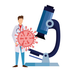 doctor with particle covid 19 and microscope vector illustration design