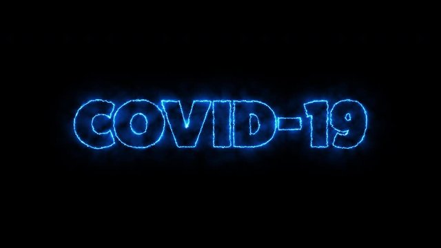 COVID-19 text word written in electric dark blue letters on a black background. Animated Graphic motion design illustration advertising 4K UHD. Health, security, Pandemic, world lockdown.
