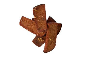 Fried croutons with garlic on white background