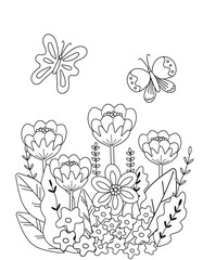 Children's coloring book with flowers and butterflies of simple shape. Cute primitive drawing for small kids. Vector illustration, vertical page.