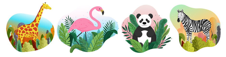 Collection of wild animals in the nature. Vector illustration isolated on white background.