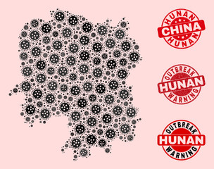 Outbreak collage of virus mosaic Hunan Province map and corroded seals. Vector red seals with grunge rubber texture and Outbreak Warning caption.