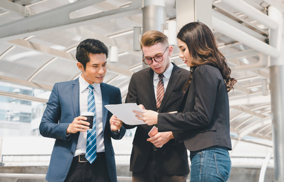 Business people team collaboration when receive good news, Successful teamwork and modern smart working concept