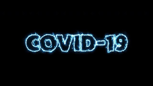 COVID-19 text word written in electric blue neon letters on a black background. Animated Graphic motion design illustration advertising 4K UHD. Health, security, Pandemic, world lockdown, danger.