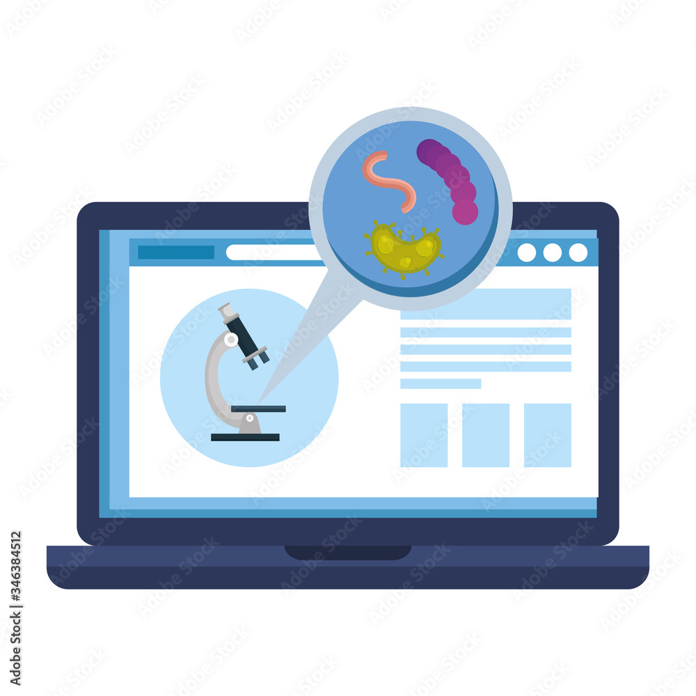 Sticker medicine online by laptop with test of covid 19 vector illustration design