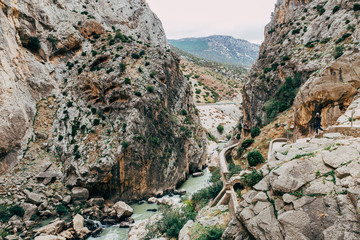 Amazing details of The Little King's Path, Caminito del Rey in Spain.  Beautiful valley and mountain trail, one of the most visited places near Malaga. 