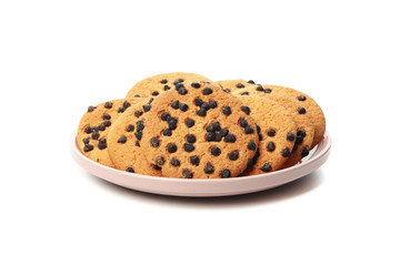Plate with chocolate chip cookies isolated on white background