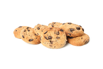 Tasty chocolate chip cookies isolated on white background
