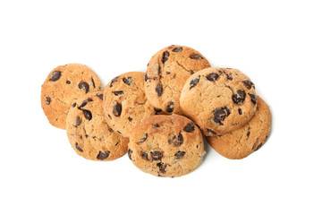 Tasty chocolate chip cookies isolated on white background