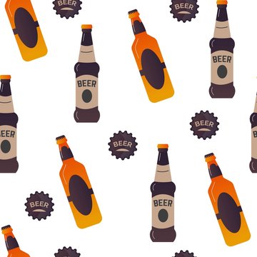 Beer bottles, alcoholic beverages with emblems seamless pattern