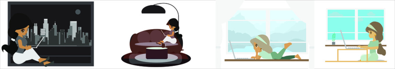 Women working at home using social media via laptops.Work from home. People at home in quarantine. Vector flat style illustration.