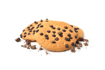 Tasty chocolate chip cookies isolated on white background