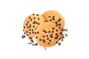 Tasty chocolate chip cookies isolated on white background