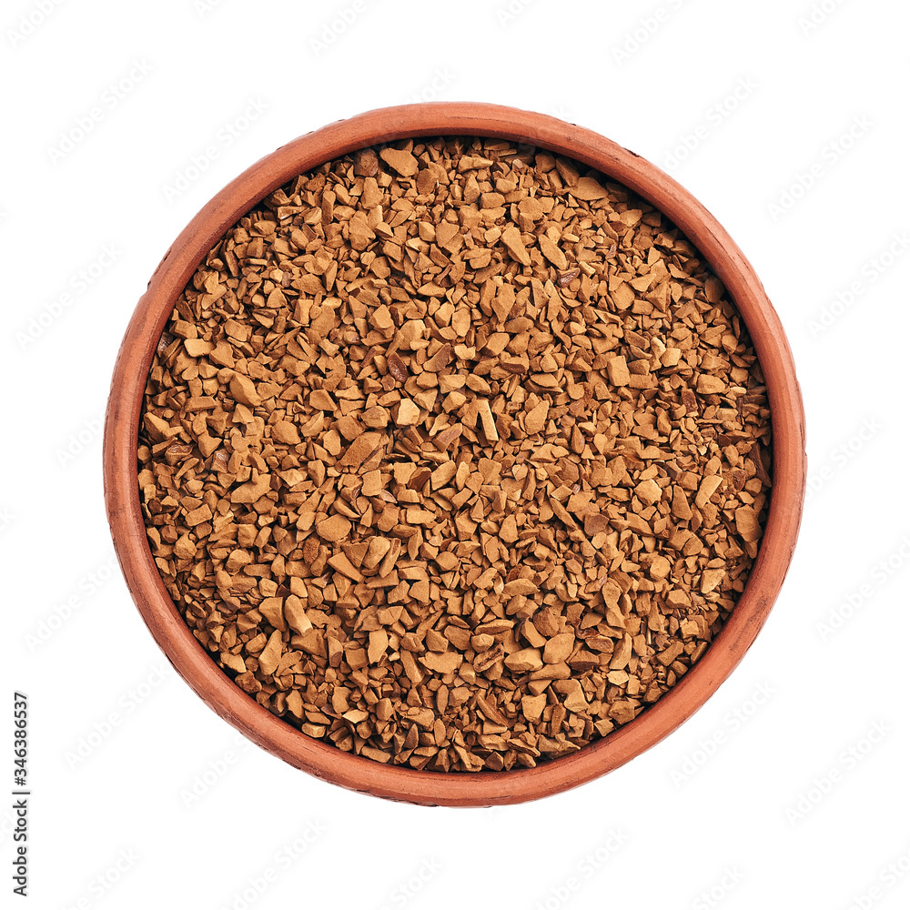 Canvas Prints Instant coffee granules in a bowl Isolated on a white background. View from above.