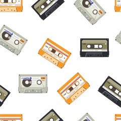 Audio cassette with music and songs seamless pattern