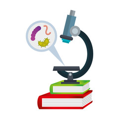 microscope with particle covid 19 and microorganisms on books vector illustration design