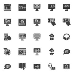 E-learning vector icons set, modern solid symbol collection, Online education filled style pictogram pack. Signs, logo illustration. Set includes icons as audiobook, graduation cap, distance learning