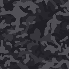 Zwart camouflage donker patroon, naadloze vectorachtergrond. Klassieke kledingstijl die donkere camouflage maskeert, herhaalde print. Monochrome textuur
