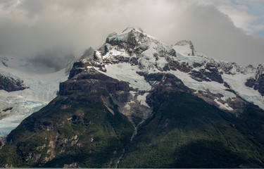 Stunning, dramatic view to snow covered mountain peak in Chile, Patagonia. 