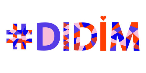 Didim hashtag – mosaic isolated inscription. Letters from pieces of triangles and polygons. Calm warm colors - blue, orange, beige. For banners, posters souvenirs, prints. Didim is sunny city in Turke