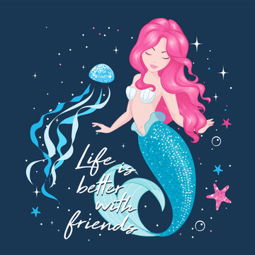 Beautiful pink hair mermaid on a dark background. Cute Mermaid with jellyfish. Fashion illustration drawing in modern style.
