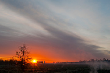 Obraz na płótnie Canvas Panorama of dawn fire in the sky above the natural pasture. Golden red clouds just before sunrise. Picturesque landscape at sunrise. Beauty in nature
