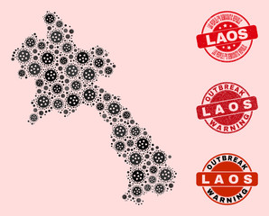 Outbreak collage of virus mosaic Laos map and dirty seals. Vector red seals with scratched rubber texture and Outbreak Warning caption. Mosaic Laos map constructed with pneumonia virus,