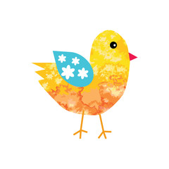 Cute cartoon chicken with blue wings, vector.