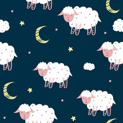 Seamless pattern of hand drawn sheep and cloud in the dark backdrop