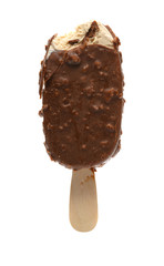 chocolate and coffee flavor popsicle with a bite on white background