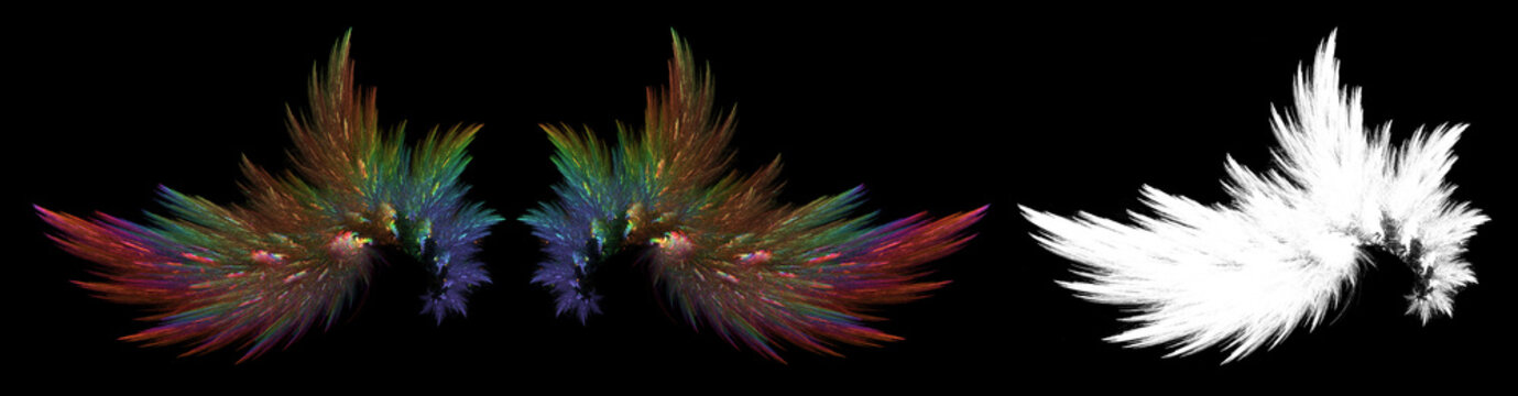 Abstract colorful rainbow wings on black background with white clipping mask