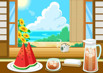 日本の夏のグリーティングカード/海と青空とヒマワリ、スイカと麦茶
