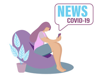 Fresh news concept. A woman sitting at home in an armchair reading news from a smartphone about the COVID-19 virus. Pandemic, stay home. Stock vector illustration isolated on white background.