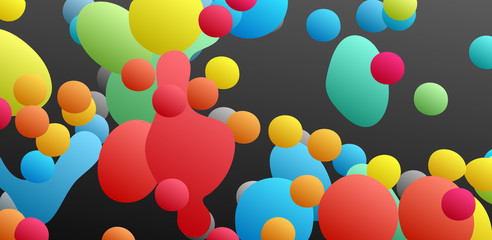 Floating liquid blobs. Abstract colorful banner with fluid shapes. Futuristic composition with bubbles. 3D vector illustration for advertising, marketing or presentation.