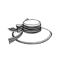 Hand drawn vector illustration. Summer straw hat, headdress with a ribbon. Black sketch, Doodle on a white background.