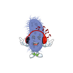 Cartoon mascot design salmonella typhi enjoying music with headset