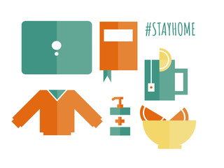 stay home flat illustration for COVID-19 prevention, laptop, book, tea, warm clothes, oranges, and hand sanitizer for self-isolation at home, stay at home kit for corona virus prevention