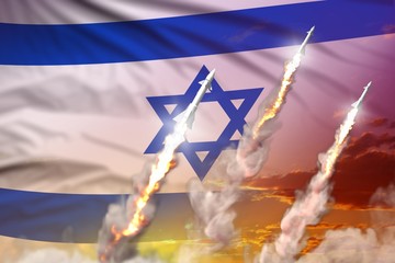 Modern strategic rocket forces concept on sunset background, Israel ballistic warhead attack - military industrial 3D illustration, nuke with flag