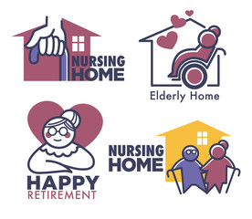 Nursing home for elderly and senior people, banners set
