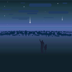 Family watching meteor shower. Flat vector illustration.