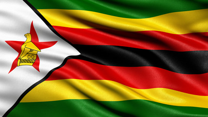 3D illustration of the flag of Zimbabwe waving in the wind. - obrazy, fototapety, plakaty