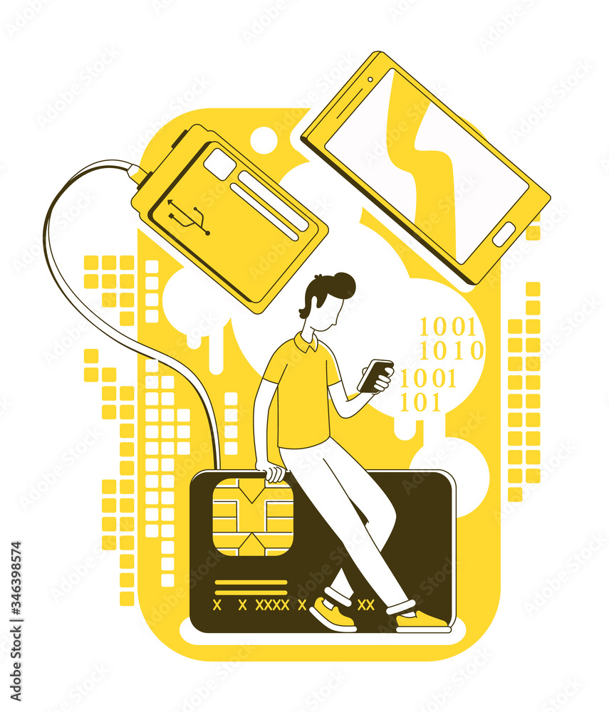 Poster memory stick recovery thin line concept vector illustration. user with smartphone and smart card 2d 