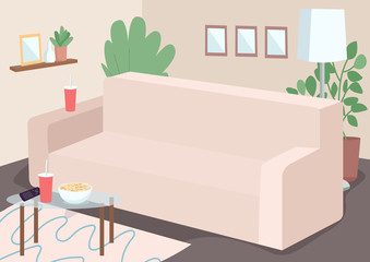 Couch for family leisure flat color vector illustration. Sofa in livingroom. Coffetable with plastic mug and TV controller. Furnished house. Living room 2D cartoon interior with decor on background