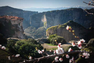 Spring flowers over Meteora monastery rocks, beautiful view of Meteora