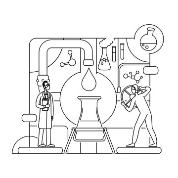 recommend clip art: Chemical analysis thin line concept vector illustration. Lab workers, chemists 2D cartoon characters for web design. Scientists experimenting with reagent. Pharmaceutical research creative idea