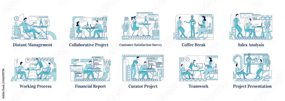 Wall mural office employees at work flat silhouette vector illustrations set. distant manager, corporate cowork